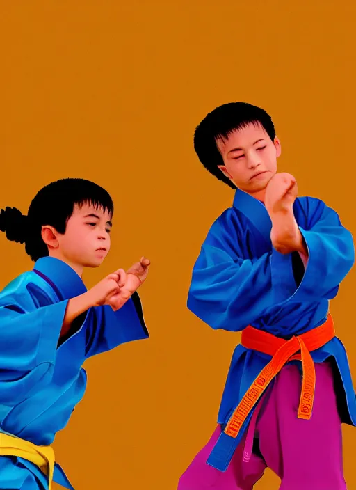 Image similar to two beautiful identical twin boys fighting karate on an hill wearing their kimono, digital illustration, glowing colors, realistic