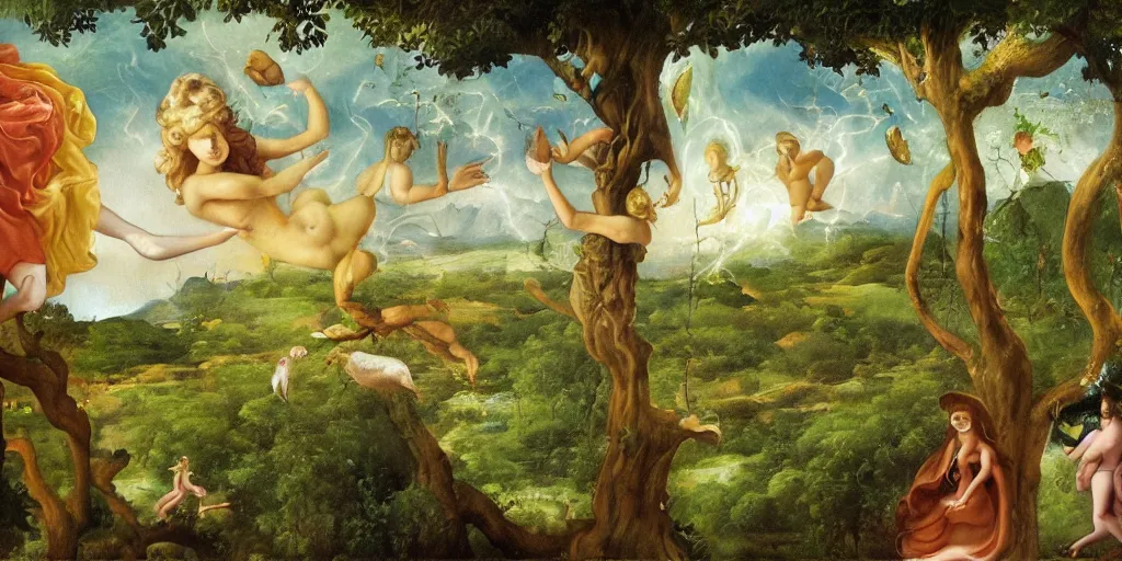 Prompt: allegorical painting of the garden of eden, ignorance is bliss, concealed meaning, secret meaning, dissimulation, ephemeral, lively, fragile, carpe diem, enjoying life, rule of thirds, golden ratio, high quality high resolution surreal otherworldly wallpaper