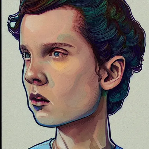 Image similar to beautiful side portrait of Eleven from Stranger things in a scenic!!! Environment!! by martine johanna, lines ,figurativism!, portrait,