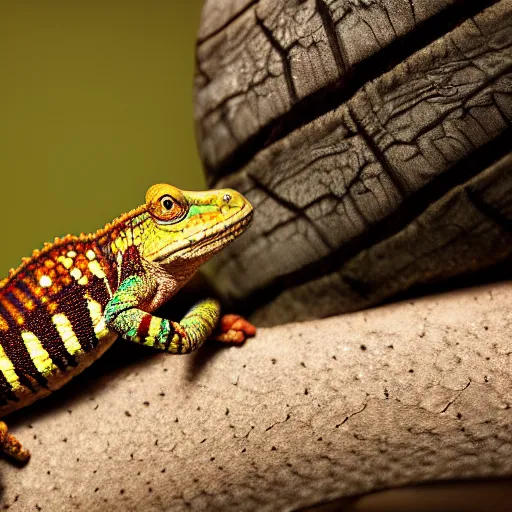 Image similar to An award winning photo of a single Tokay crocodile chameleon sitting on an elephant, environmental portrait, wildlife photography, National Geographic, 4k