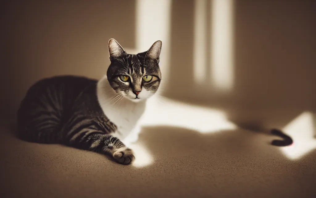 Image similar to a 3 5 mm photo of a cat, sigma 2 4 mm f / 8,, smiling,, sitting, warm lighting, strong shadow, cinematic, realistic,