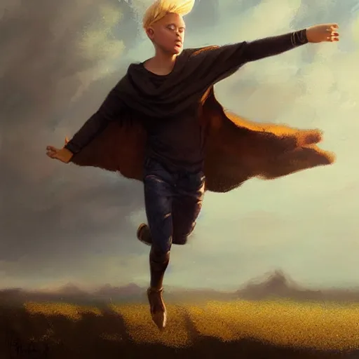Image similar to blonde boy with golden eyes wearing a brown cape and flying in t pose, energy background, brush strokes, greg rutkowski, oil painting