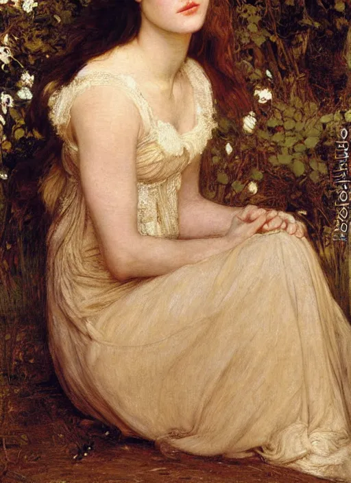 Image similar to a beautiful painting of jennifer connelly by John Everett Millais and Dante Gabriel Rossetti and John Collier and john william waterhouse, pre-raphaelite, detailed, hd