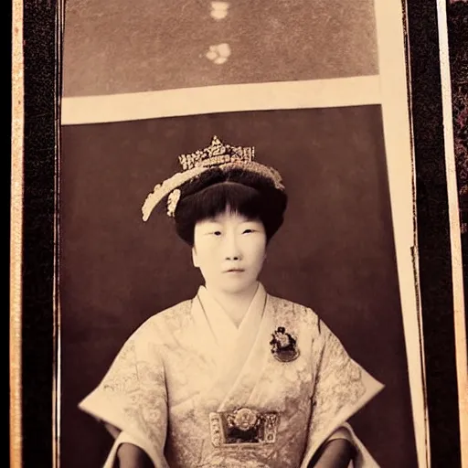 Image similar to A close up shot, colored black and white Russian and Japanese mix historical fantasy a photograph portrait taken at the empress and emperor's royal wedding breakfast, photographic portrait, warm lighting, 1907 photo from the official wedding photographer for the royal wedding.