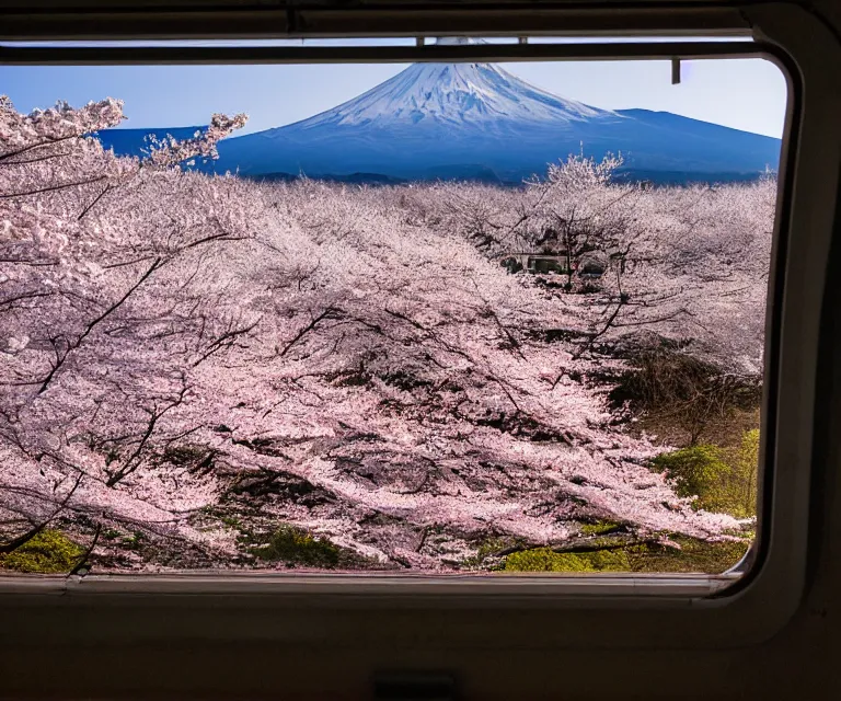 Prompt: a photo of mount fuji, over a sakura forest, seen from a window of a train. beautiful!