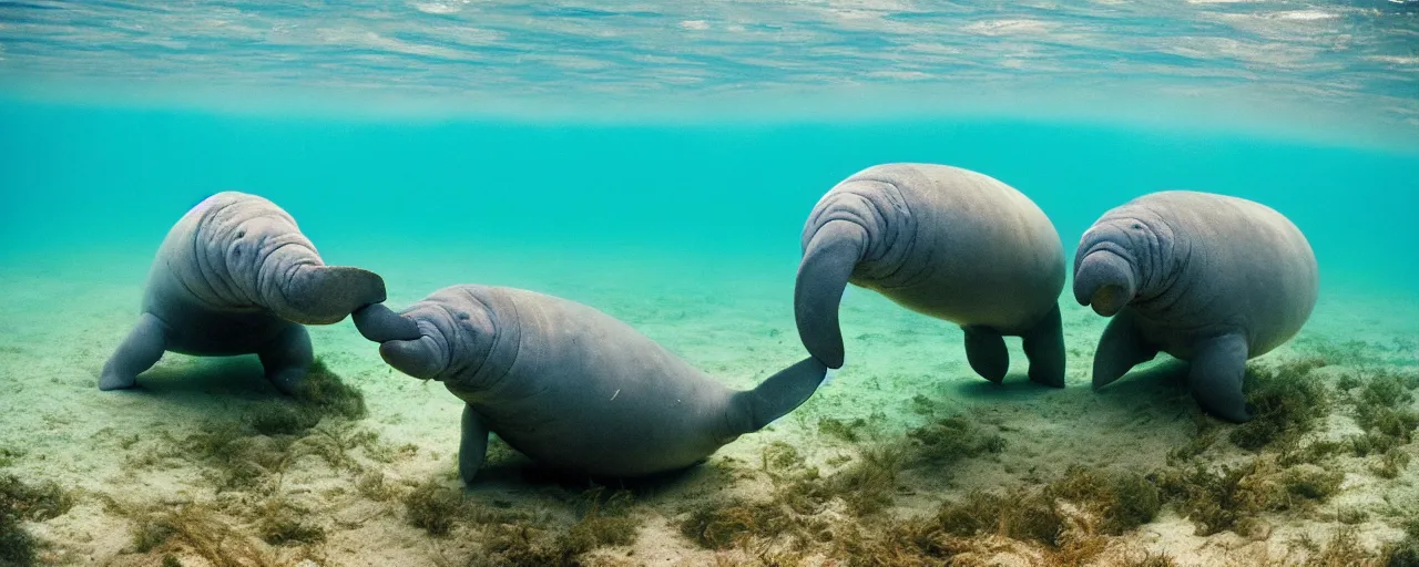 Image similar to manatees eating spaghetti underwater in the ocean, canon 5 0 mm, in the style of wes anderson, kodachrome