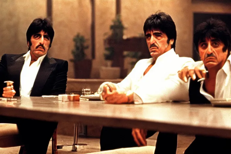 Prompt: tony montana from movie scarface 1 9 8 3 sitting behind a big black oak table with big large packages of flour. al pacino. perfect symmetric face, coherent eyes, ron cobb, fine details, 4 k. last scene from scarface movie, bokeh