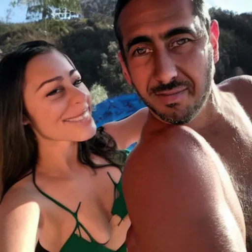 Prompt: photo of a 4 0 year old man that looks young for his age dating a very attractive 2 2 year old colombian woman wearing a bikini. they are at a night club