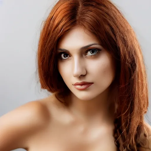 Image similar to beautiful and exotic woman with olive skin tone, auburn hair, beautiful green eyes, studio portrait, 8 k