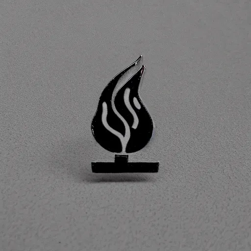 Image similar to a photo of a retro minimalistic fire flames warning enamel pin, use of negative space allowed, black and white only, smooth curves