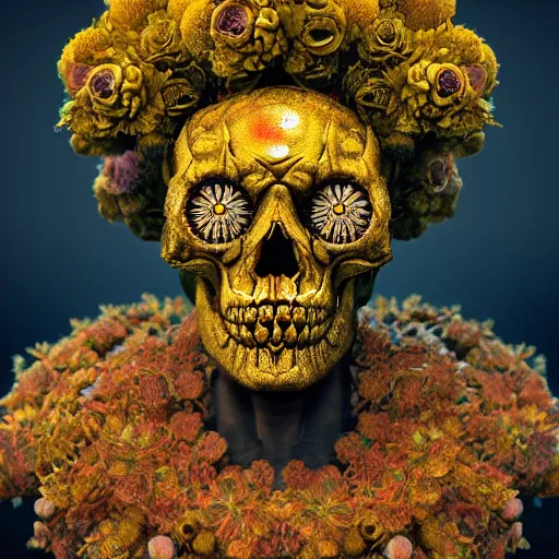 Image similar to a golden skull face african electric shaman with an afro made of flowers, third eye art art by machina infinitum, complexity from simplicity, rendered in octane, mandelbulb 3 d, ambient occlusion, macro photography, tribal, retrowave