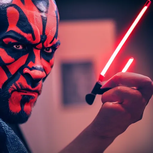 Image similar to a high quality studio photograph of darth maul preparing his makeup, sigma 7 5 mm, masterpiece, magazine