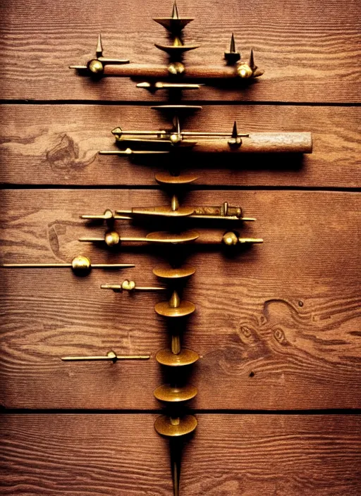 Prompt: realistic photo of a a medieval wooden astronomic scientific chemistry tool made of dark old oak wood, covered with long brass spikes 1 9 9 0, life magazine reportage photo, natural colors