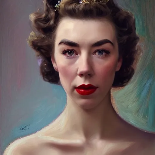 Image similar to vanessa kirby as dark - haired 1 9 5 0 s goddess, a beautiful closeup oil painting, she has tears running down her face, wet lips, perfect eyes, insanely detailed, elegant, by wlop, rutkowski, livia prima, mucha,