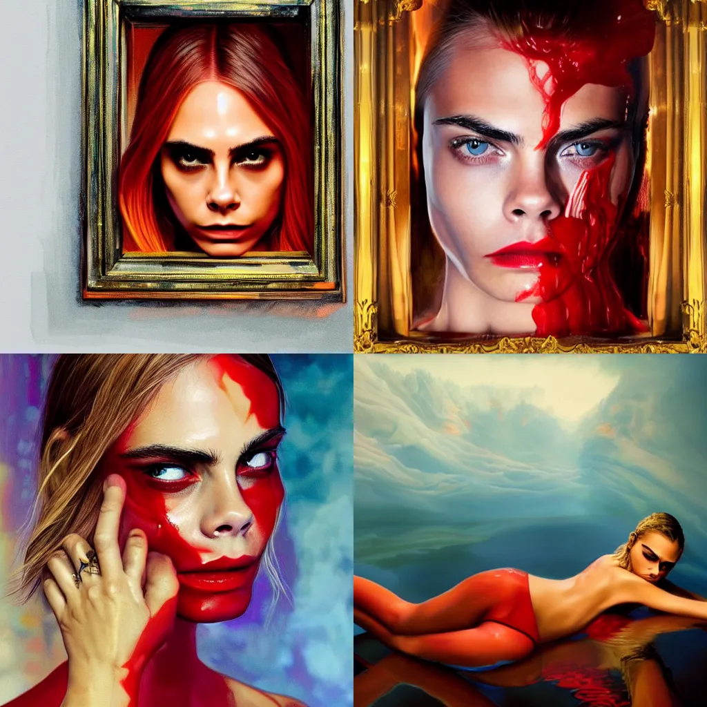 Prompt: Cara Delevigne with beautiful face and full body laying in a blood red pool of water between a bright golden glowing mirror frame, outside is space and inside the mirror frame is a beautiful landscape. Hyperrealistic surreal 4K IMAX Rene Margritte intricate, elegant, highly detailed, digital painting, artstation, concept art, smooth, sharp focus, illustration, art by artgerm, Francis bacon, HR Giger and greg rutkowski and alphonse mucha