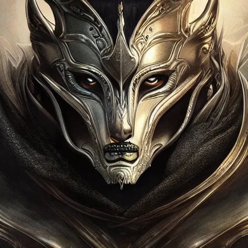 Image similar to Very very very very highly detailed epic photo of face with wolf venetian mask, intricate, dystopian, sci-fi, extremely detailed, digital painting, artstation, concept art, smooth, sharp focus, illustration, intimidating lighting, incredible art by Artgerm and Brom and Vincent di Fate