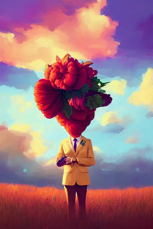 Prompt: portrait, giant flower under head, black woman in suit, surreal photography, golden hour, colorful clouds, impressionist painting, digital painting, artstation, simon stalenhag