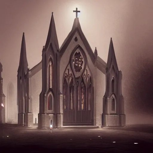 Image similar to victorian church in the middle of the city, dark, misty, at night, 8 k, detailed, concept art, trending on artstation