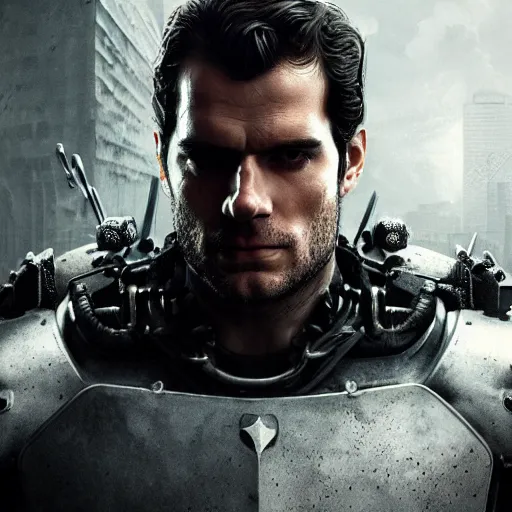 Image similar to henry cavill portrait, dystopia core, apocalyptic, armor, warrior, dramatic, sharp focus, fiction, neon, fantasy, hyper detailed, digital art, trending in artstation, cinematic lighting, studio quality, smooth render, unreal engine 5 rendered, octane rendered, art style and nixeu and wlop and krenz cushart