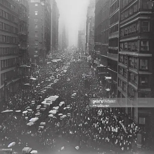 Prompt: view from 1920's New York apartment of the street below. Depression era protest. Black and white photo.