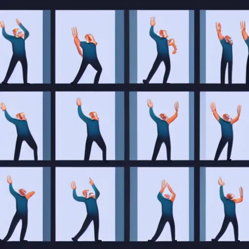 Image similar to an animation of the same man waving his arms shot frame by frame, separated into equally sized frames, from'animation types'