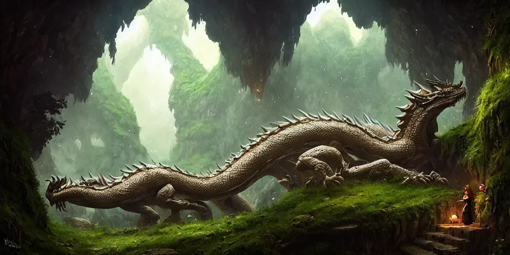 Prompt: Giant Dragon resting in a cave, natural light, lush plants and flowers, elegant, intricate, fantasy, atmospheric lighting, by Greg rutkowski