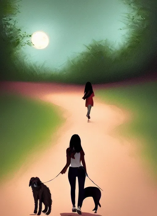 Image similar to young beautiful brown woman walking with her dog in a park at night with a full moon, illustration, photoreal, fantasy, trending. masterpiece work of art . oil on canvas. Digitally painted. Realistic. 3D. 8k. UHD.