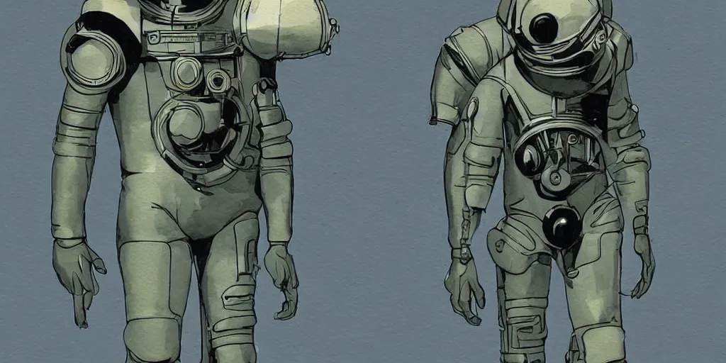 Image similar to male, full body, modern space suit, intriguing helmet, very stylized character design, large shoulders, short torso, long thin legs, tiny feet, science fiction, hyperdetailed, technical suit, dieselpunk, watercolor digital painting, in the style of mike mignola, by alex maleev, jean giraud, painted by leyendecker