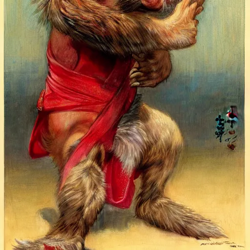 Image similar to a portrait of a splinter hamato yoshi wearing a red kimono, hairy, feet, tail. highly detailed painting by gaston bussiere, craig mullins, j. c. leyendecker, furry