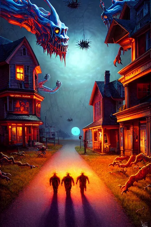 Prompt: a hyperrealistic vray rendering of a quiet autumn town being invaded by monsters in the night, cinematic horror by chris cunningham, lisa frank, kinkade, richard corben, highly detailed, vivid color,