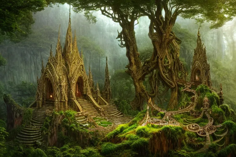 Image similar to a beautiful and highly detailed matte painting of a sacred elven tree temple in a valley in a lush forest in the misty mountains, psychedelic, celtic, intricate details, epic scale, insanely complex, 8 k, sharp focus, photorealism, artstation, cgsociety, by caspar friedrich, albert bierstadt, james gurney, brian froud,