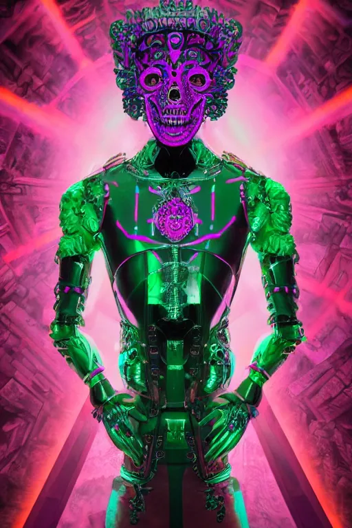Image similar to full-body sculpture of a young handsome Spanish prince as a half android with a glowing green diamond in his chest, pink laser beams coming out of his eyes, crown of giant jewels, flowing neon-colored silk, human skull mask, geometric shapes in a cyperbunk and baroque style. intricate artwork by caravaggio. Trending on artstation, octane render, cinematic lighting from the right, photorealistic, octane render, 8k, depth of field, 3D