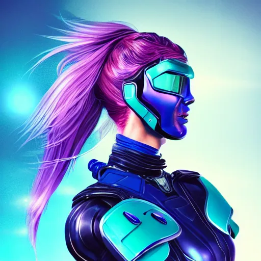 Image similar to a stunning upper body portrait of a beautiful young woman wearing futuristic navy blue and teal battle bodyarmor with pauldrons and luminescent fine lines and ombre purple and pink hairstyle with hair blowing in the wind, by marvel comics, highly detailed, fine detail, intricate, digital art, trending on artstation