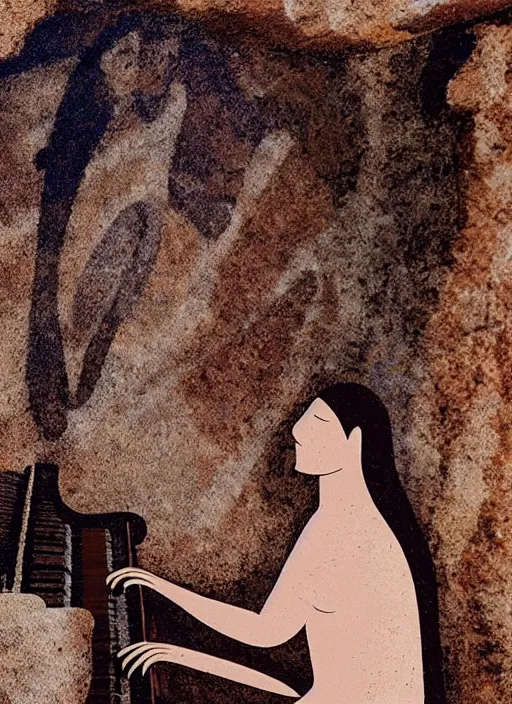 Image similar to cave painting of gril playing piano, 4 k, high quality, sharp fucos