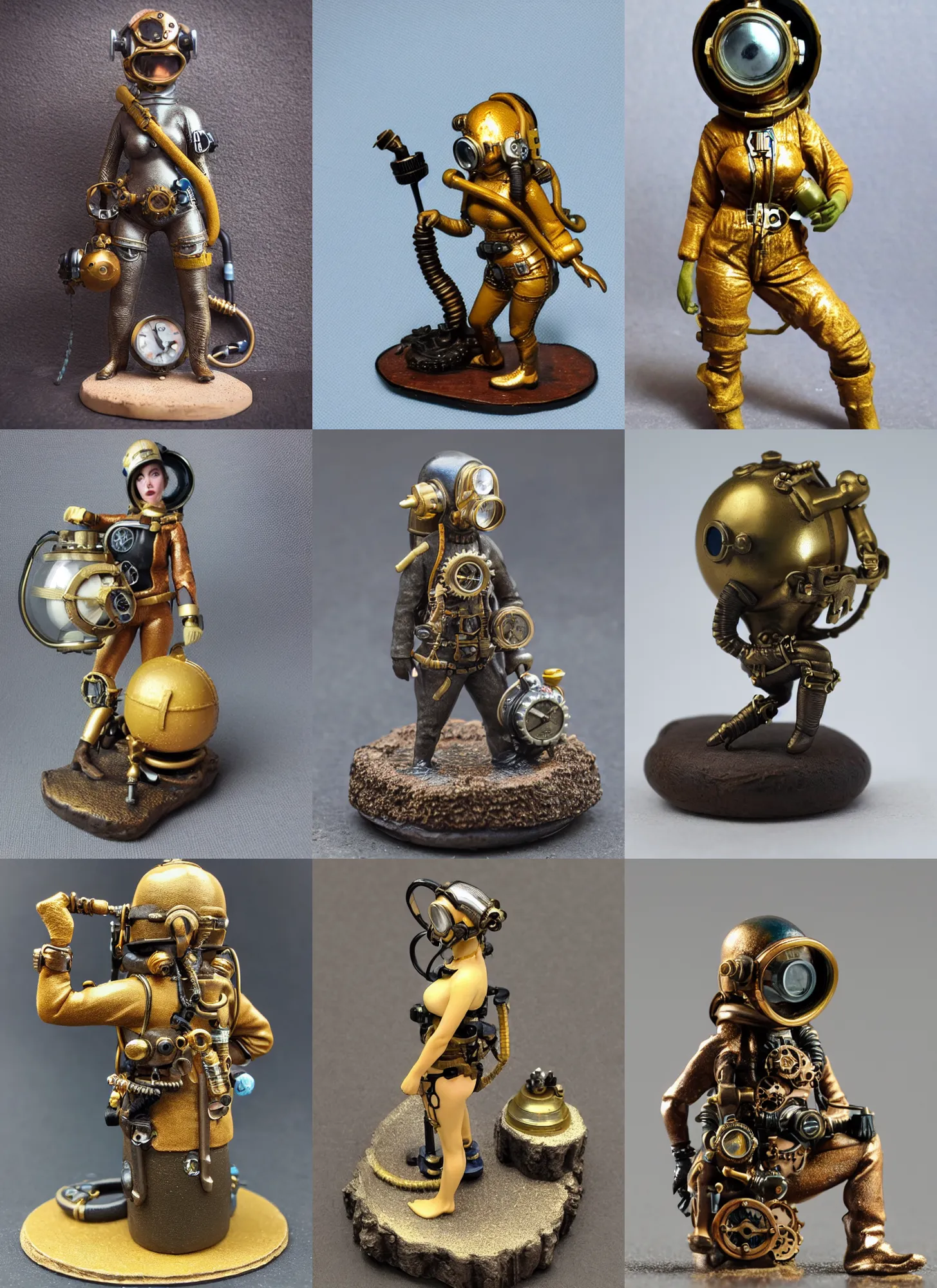 Prompt: 80mm resin detailed miniature of a Diver woman, steampunk diving helmet, stomach, navel, belly, boots, symbol, textured base; Miniature Product Photos, 4K, view from behind