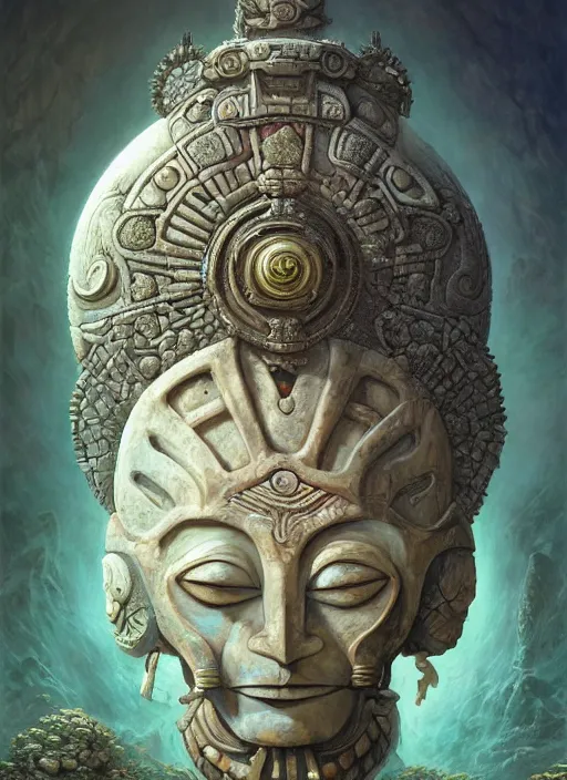 Prompt: Helmet of a forgotten Mayan Deity, ivory, moss, extremly detailed digital painting, in the style of Tomasz Alen Kopera and Fenghua Zhong and Peter Mohrbacher, mystical colors, rim light, beautiful lighting, 8k, stunning scene, raytracing, octane, trending on artstation