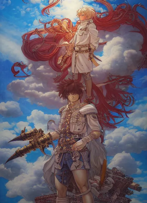 Prompt: prompt : ragnarok online portrait soft light painted by james jean and katsuhiro otomo and erik jones, inspired by akira anime, epic fantasy, a long haired, red headed male sky - pirate in front of an sky - ship, intricate oil painting, high detail illustration, sharp high detail, manga and anime 1 9 9 9