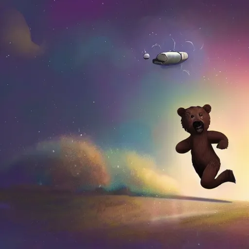 Prompt: a bear running to catch a rocket ship that already launched, digital painting, fine detail, matte finish, 4 k