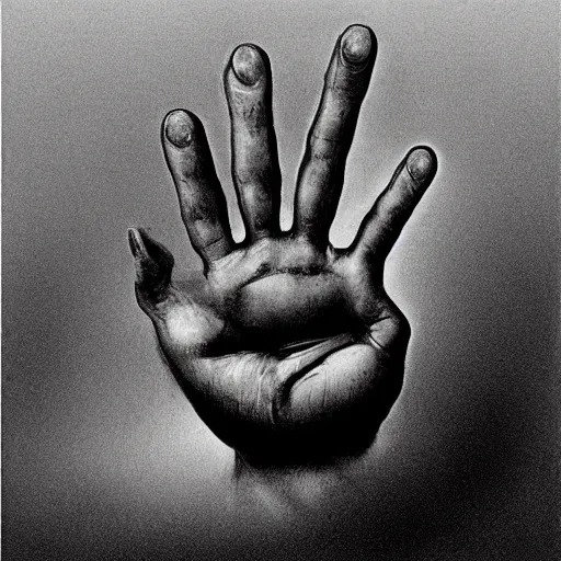 Image similar to a hand with metal fingers in the style of Zdzisław Beksiński