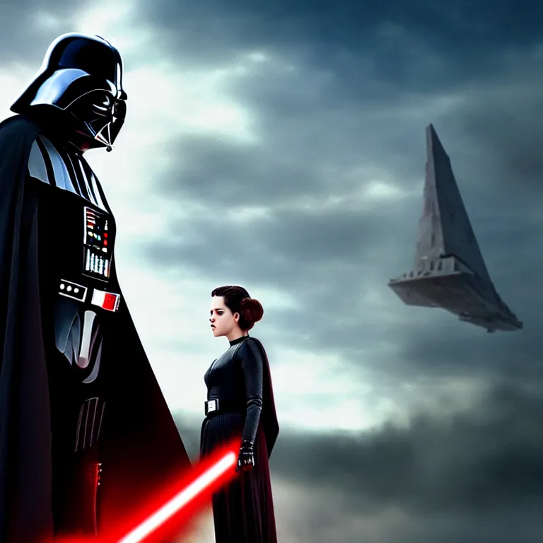 Image similar to darth vader and kristen stewart staying close together in front of, on the background star destroyer, romantic poster for the twillight movie high quality photorealistic