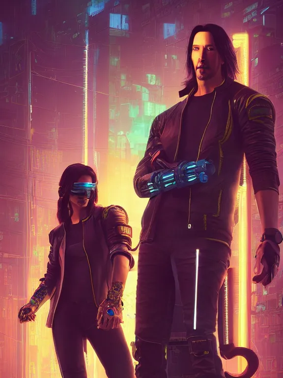 Image similar to a cyberpunk 2077 couple portrait of Keanu Reeves and V ,love story , lots of electric cable behind them connected to giant computer,film lighting,by laurie greasley,Lawrence Alma-Tadema,William Morris,Dan Mumford,trending on atrstation,FAN ART,full of color,Digital painting,highly detailed,8K, octane,golden ratio,cinematic lighting