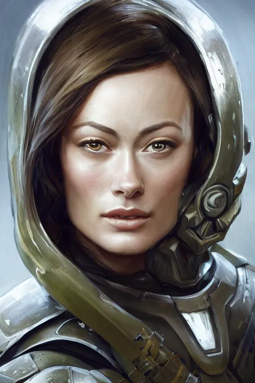 Image similar to a professional painting of a young Olivia Wilde, clothes in military armor, olive skin, long dark hair, beautiful bone structure, symmetrical facial features, intricate, elegant, digital painting, concept art, smooth, sharp focus, illustration, from StarCraft by Ruan Jia and Mandy Jurgens and Artgerm and William-Adolphe Bouguerea