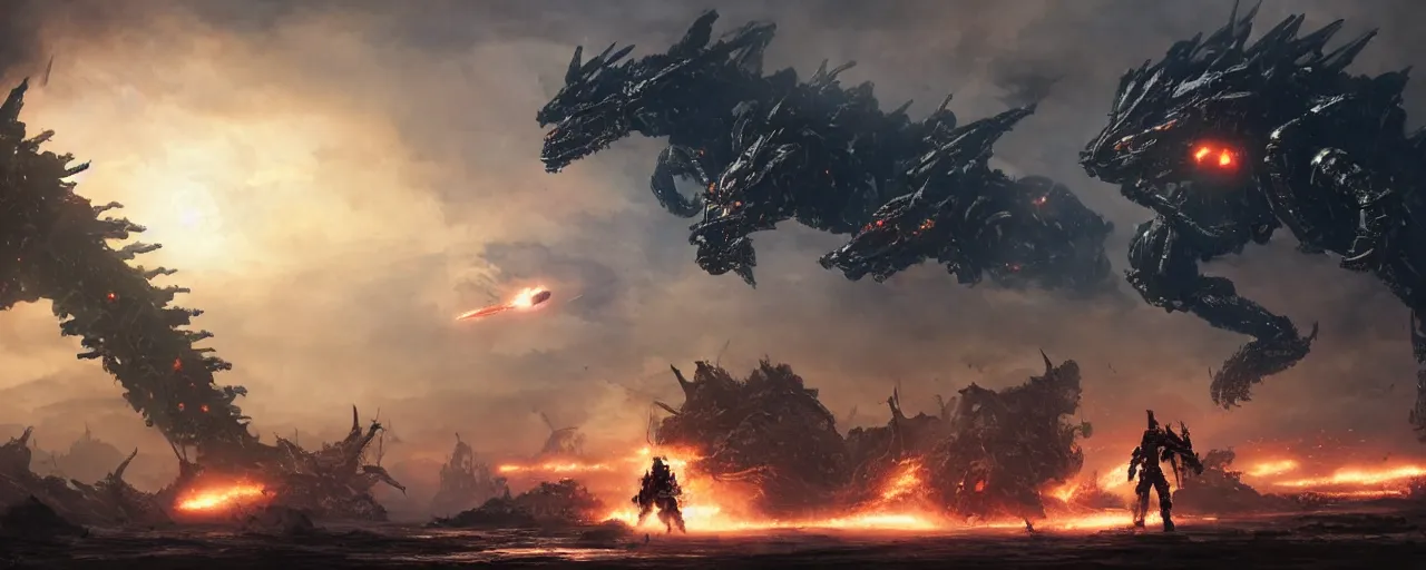 Image similar to a futuristic gargantuan kaiju behemoth gantz creature attacked by futuristic milita mechs, in the style of horizon zero dawn, in war scene, epic scene, big explosion, by greg rutkowski, frank frazetta, sharp focus, digital painting, concept art