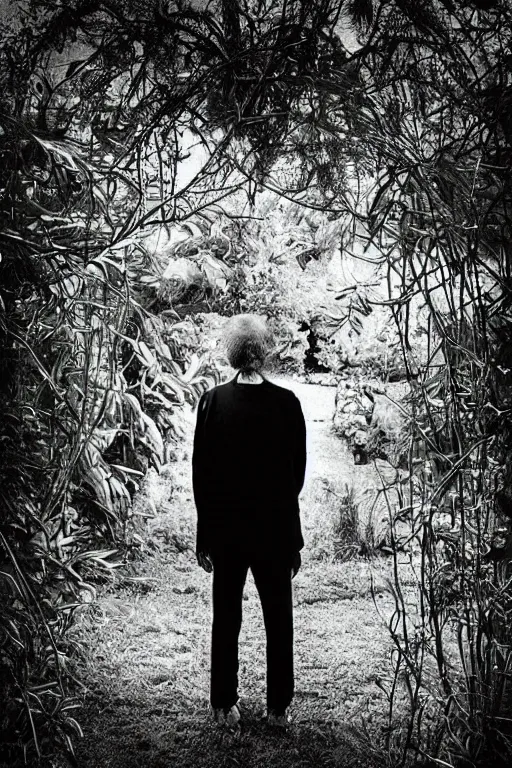 Prompt: “Old man in a garden full of strange and scary plants. Photo in style of Matt Mahurin. Dark. Cinematic lighting.”