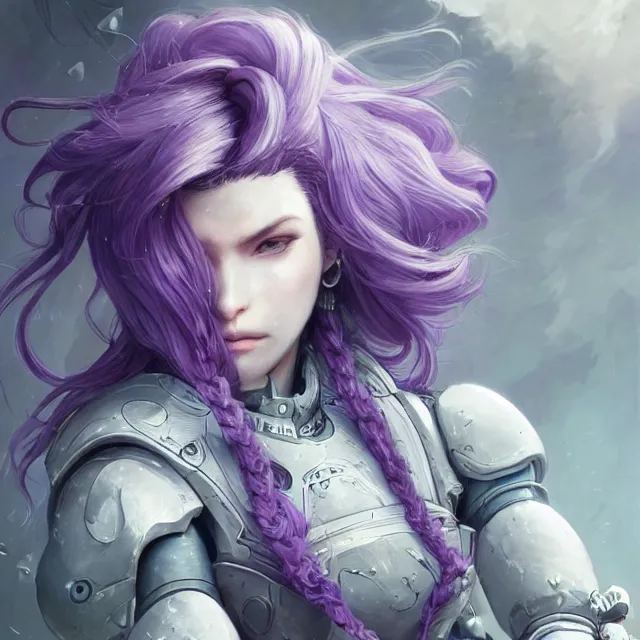 Image similar to close facial portrait of a pale woman in power armor with flowing purple hair, elegant, stoic, intense, ultrafine hyperdetailed illustration by kim jung gi, irakli nadar, intricate linework, sharp focus, bright colors, octopath traveler, final fantasy, hearthstone, highly rendered, global illumination, radiant light, detailed, intricate environment