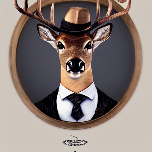 Image similar to a upper body portrait of a deer lord in a pinstriped suit and pants wearing a monocle and a fedora by artgerm and wlop, intricate detail, digital art, photorealistic, trending on artstation