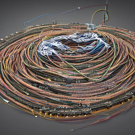 Image similar to tapping in to something greater, piles of modular synth cables, goddess laying down wearing a big headpiece made of circuit boards in a photo shoot for balenziaga, wlop, stanley kubrick, masamune, junji ito, unique perspective, eastman color, perfect details, trending on artstation, 3 d render, smooth render