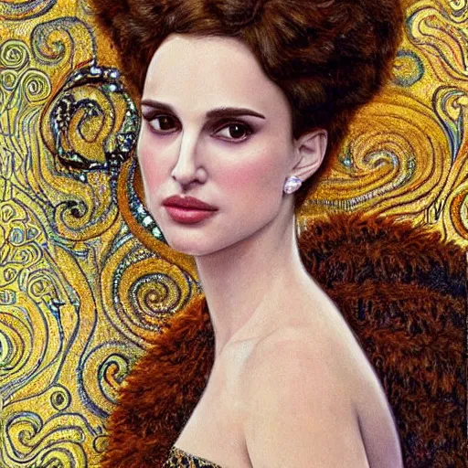 Prompt: a closeup portrait of a young natalie portman, art nouveau, jugendstil, decorative background, spirals, painted by klimt