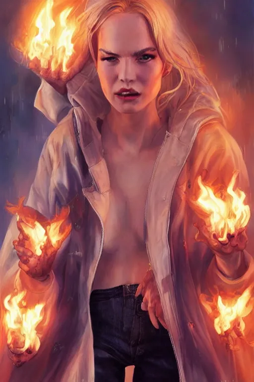 Image similar to wonderful young blonde woman with flames dancing on her hands with a long jacket in a cyberpunk city mouth open in a cry, realistic, high definition, detailed and symetric face, detailed and realistic hands, expressive eyes, 4 k, shimmering color, art by artgerm ans greg rutkowski and magali villeneuve