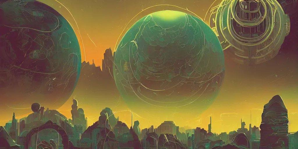 Prompt: lovecraftian cinematic isograph print of a aetherpunk planet by alena aenami in the style of art - deco art, very, very aesthetic